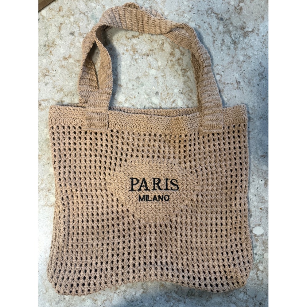 Paris Milano Crochet Knit Mesh Tote Bag Tan Beige Boho Market Shopper Handbag‎